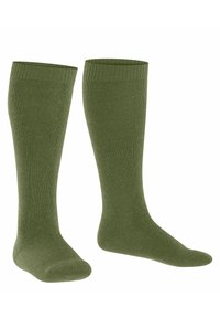 Ciemnozielone skarpety do kolan wykonane z miękkiego, prążkowanego materiału. Posiadają teksturowany górny pas dla pewnego dopasowania.