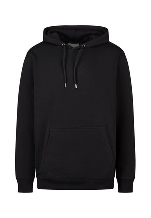Black hoodie made of cotton blend fabric. Features a kangaroo pocket, adjustable drawstring hood, and ribbed cuffs and hem.