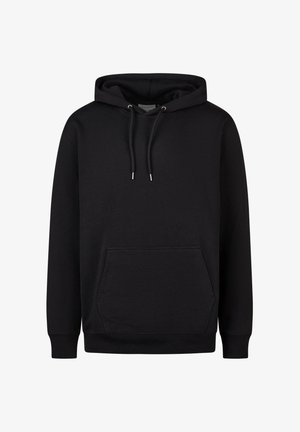 Schwarzer Hoodie aus einem Baumwollmischgewebe. Mit einer Kängurutasche, verstellbarem Zugband-Hood sowie gerippten Bündchen und Saum.