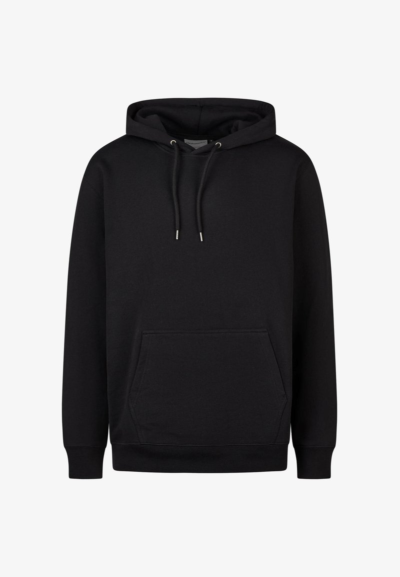 Schwarzer Hoodie aus einem Baumwollmischgewebe. Mit einer Kängurutasche, verstellbarem Zugband-Hood sowie gerippten Bündchen und Saum.