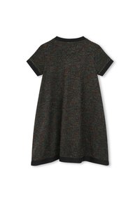 Robe à manches courtes en tissu noir texturé avec des éclats multicolores, présentant un col et un ourlet noirs unis. Silhouette en A.