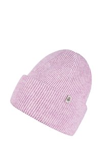 Pink knitted beanie with a ribbed texture and a folded cuff. Features a small fabric tag on the side for branding.