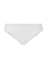 White bikini-style underwear made of soft fabric, featuring a delicate lace trim along the waistband. Smooth and sleek design.