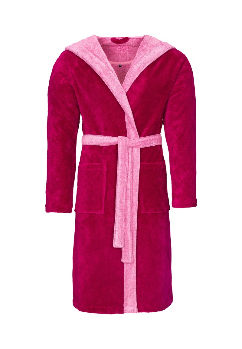 Fuzzy pink bathrobe with a hood. Features a deep pink body, light pink accents, two front pockets, and a matching belt. Soft texture.