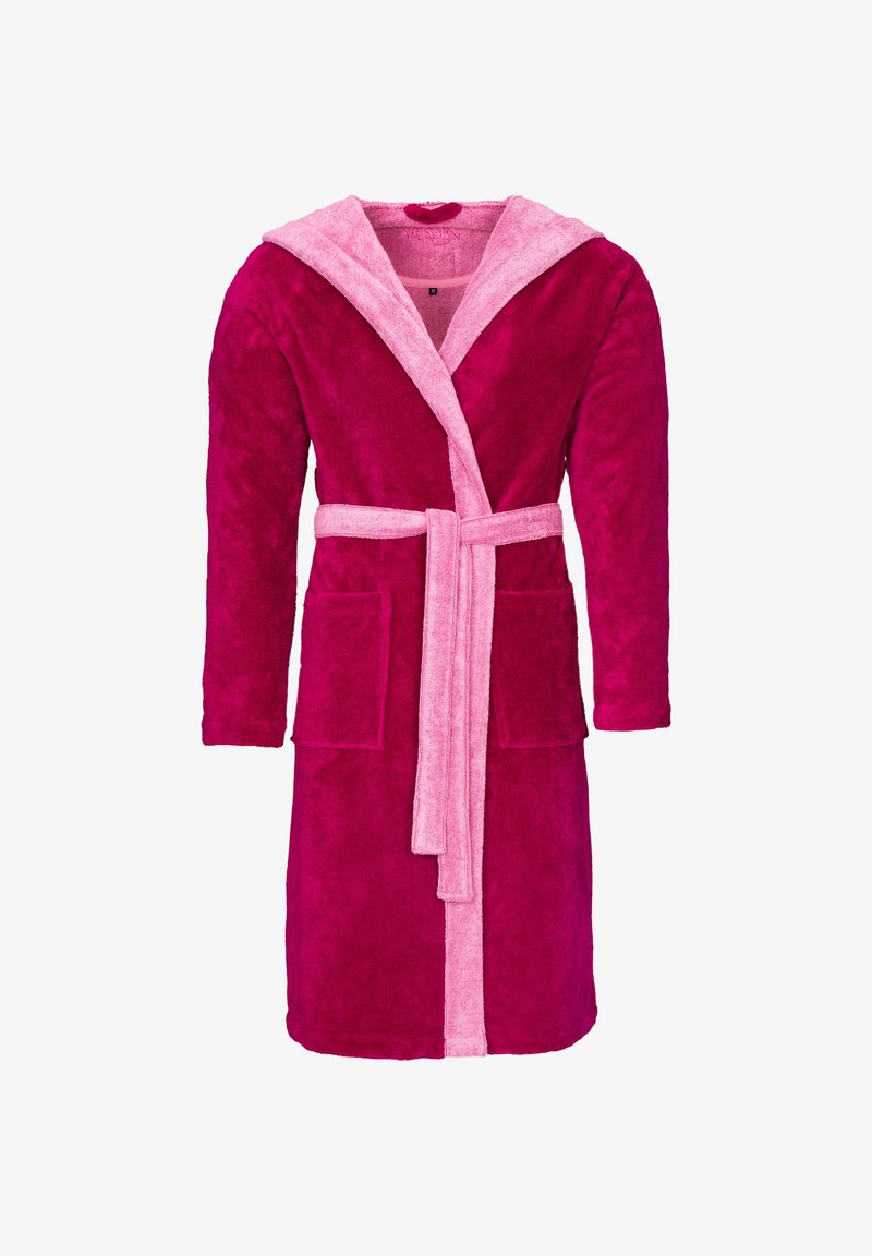 Fuzzy pink bathrobe with a hood. Features a deep pink body, light pink accents, two front pockets, and a matching belt. Soft texture.