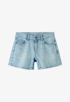 Gaiši zili džinsa šorti ar priekšējo pogu, jostas cilpām, kabatām un nelielām izkaisītām sudraba rhinestone rotām.