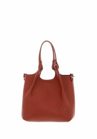 Borsa in pelle di colore rosso mattone, con una texture evidente e due manici corti, dalla forma arrotondata e un leggero riflesso. Presenta un'apertura superiore e bordi morbidi.
