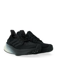 Un paio di scarpe da corsa nere in stile atletico con suole ammortizzate e design con lacci, posizionate affiancate su uno sfondo bianco.