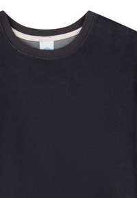 Navyblaues T-Shirt mit weicher Textur, rundem Halsausschnitt und kontrastierendem Kragenfutter. Schlichtes Design ohne zusätzliche Muster oder Verzierungen.