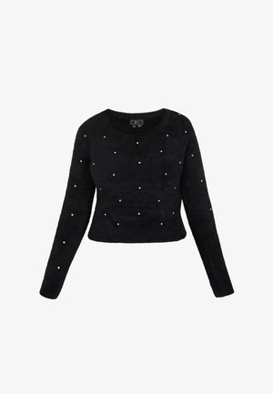 Maglione nero in tessuto morbido, con maniche lunghe e scollo a girocollo, decorato con gemme decorative sparse.