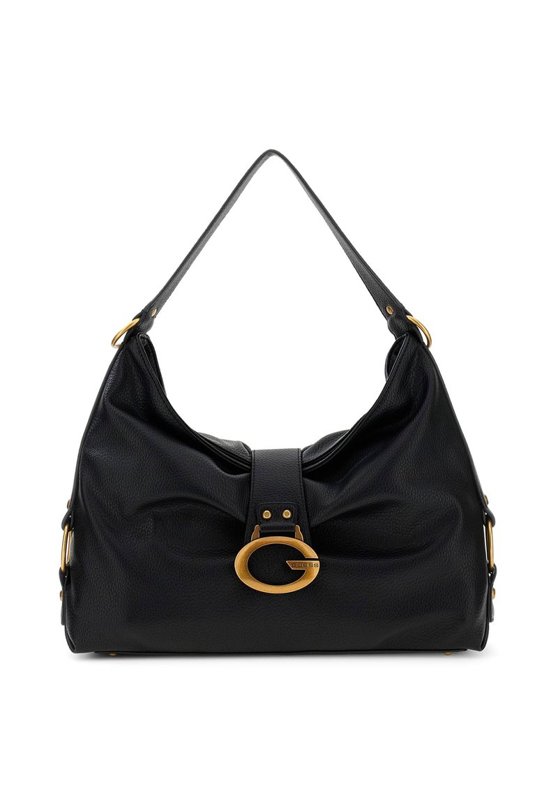 Sac hobo en cuir noir avec une finition texturée, doté d'un logo doré, d'un détail nœud et d'une bandoulière réglable.