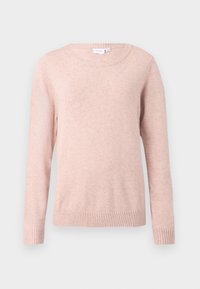Pull rose clair à manches longues en tissu doux. Présente un col rond, des poignets et un bas côtelés. Design simple, sans motifs ni accents.