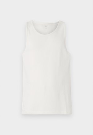 Top fără mâneci, alb, realizat dintr-un material ribbed, având un gât rotund și margini curate. Eticheta de la spate are inscripția "GAP."