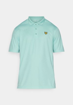 Light blue polo shirt made of smooth fabric featuring a three-button placket and a small black and yellow embroidered logo on the chest.