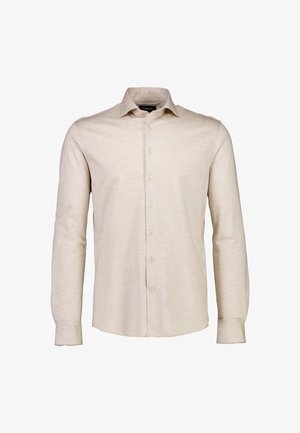 Lichtbeige blouse met lange mouwen van zacht stof, voorzien van een rechte kraag en een normale pasvorm met een gladde textuur.