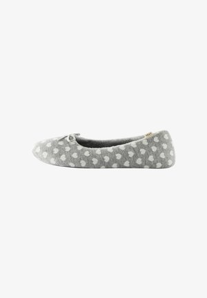 Grauers Slipper mit weißem Herzmuster, runde Form, weicher Stoff und einer Schleifendetail an der Vorderseite. Leichtgewichtiges und flaches Sohlen-Design.