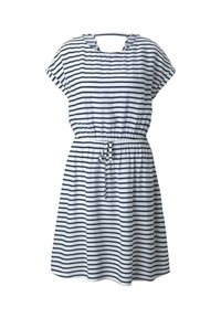 Pruhované šaty s krátkým rukávem v bílé a námořnické barvě, s kulatým výstřihem a elastickým pasem se stahovací šňůrkou.