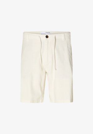 Svetlo bež kratke hlače iz mehkega blaga, s pasom na vezanje, sprednjimi žepi in kontrastnim rjavim gumbom.