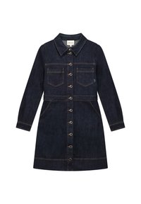 Donkerblauwe denim jurk met lange mouwen, sluiting met knopen aan de voorkant, twee borstzakken, twee zijzakken en een spitse kraag.