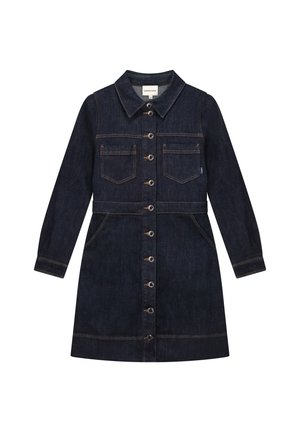 Donkerblauwe denim jurk met lange mouwen, sluiting met knopen aan de voorkant, twee borstzakken, twee zijzakken en een spitse kraag.