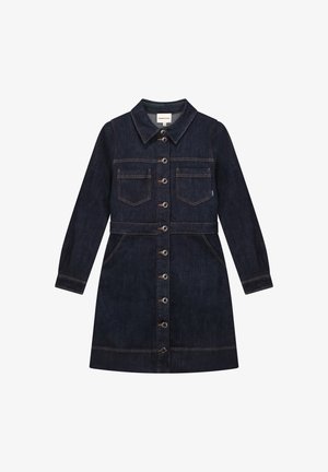 Donkerblauwe denim jurk met lange mouwen, sluiting met knopen aan de voorkant, twee borstzakken, twee zijzakken en een spitse kraag.