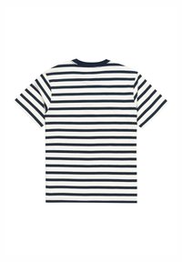 Camiseta de manga corta con rayas horizontales en azul marino y blanco, hecha de algodón, con escote redondeado y una textura suave.