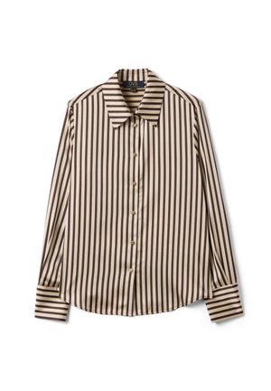 Camisa de manga larga abotonada con rayas verticales marrones y beige y cuello puntiagudo, mostrada sobre un fondo blanco.