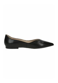 Scarpa flat nera in pelle con punta affusolata, tacco basso, texture liscia e un design a intaglio lungo il bordo superiore vicino all'arco.