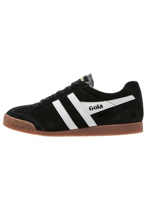 Sneakers en daim noir avec des rayures blanches, semelle marron texturée et logo "Gola" sur le côté, vues de l'intérieur.