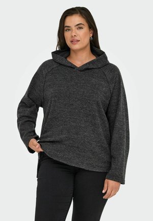 Grey, textured hoodie with a V-neck and long sleeves. Features a relaxed fit and side slits, made from a soft, warm fabric.