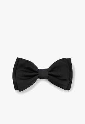 Black silk bow tie with a smooth texture and classic shape, featuring a central knot and two wide, tapered ends.