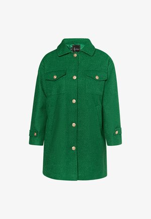 Grüne strukturierte Jacke mit Kragen, zwei Brusttaschen und goldenen Knöpfen. Verfügt über einen geraden Schnitt und 3/4-lange Ärmel.