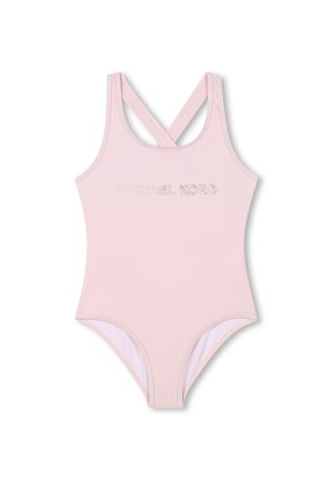 Pink one-piece swimsuit with a crisscross back design. Features silver embroidered "MICHAEL KORS" logo on the front and smooth texture.