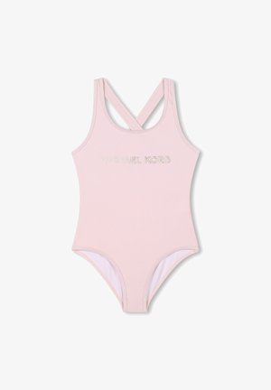 Roze eenstuk zwempak met een crisscross rugontwerp. Bevat een zilverkleurig geborduurd "MICHAEL KORS" logo aan de voorkant en een gladde textuur.
