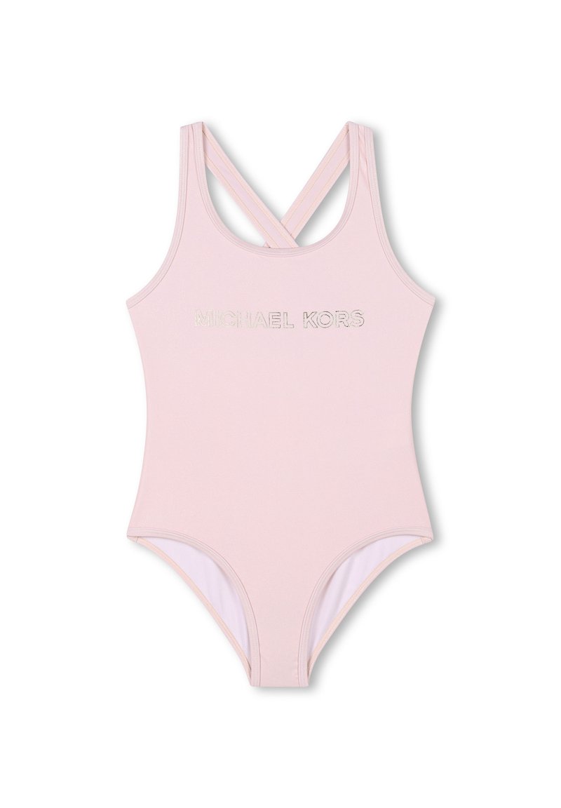 Roze eenstuk zwempak met een crisscross rugontwerp. Bevat een zilverkleurig geborduurd "MICHAEL KORS" logo aan de voorkant en een gladde textuur.