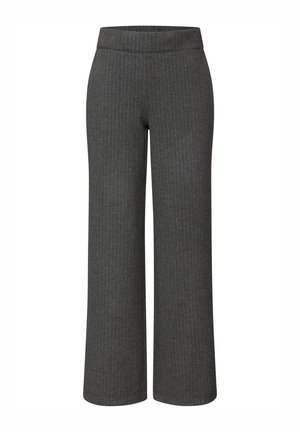 Pantalon gris à jambes larges en tissu texturé avec fines rayures verticales discrètes. Taille élastiquée sans éléments visibles.