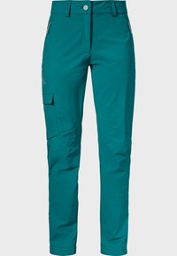 Teal Cargo-Hosen aus strapazierfähigem Material. Mit mehreren Taschen, einem Knopfverschluss und schmal zulaufenden Beinen mit einer glatten Textur.