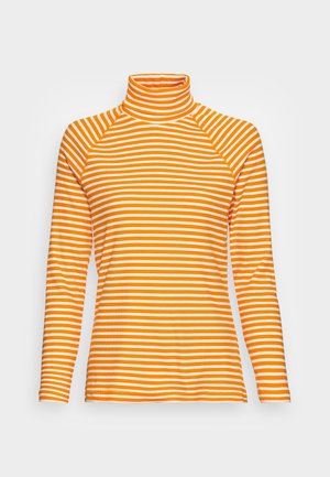 Orange og hvid stribet langærmet turtleneck top med en tætsiddende pasform og ribbet tekstur. Har raglanærmer og en høj halsdesign.