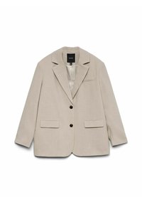 Beige bleiseri, jossa on lovellinen kaulus, kaksi etutaskua, yksi rintatasku ja mustat napit. Valmistettu teksturoidusta kankaasta, jossa on sileä vuori.