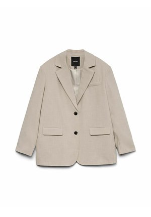 Beżowa marynarka z klapkami, dwoma przednimi kieszeniami, jedną kieszenią na piersi i czarnymi guzikami. Wykonana z teksturowanej tkaniny, z gładką podszewką.