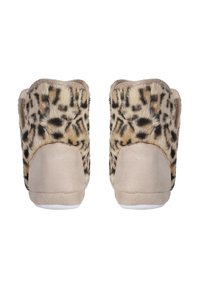 Pantofole in finta pelliccia con stampa leopardata e dettagli in suede beige, forma arrotondata e finitura testurizzata; fodera morbida e suole in gomma bianca.