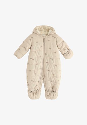 Beige gewatteerde sneeuwoverall met een capuchon, voorzien van een zachte voering, een stippenpatroon, een volledige rits en elastische manchetten en voetdelen.
