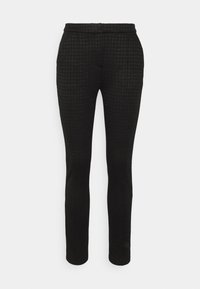 Czarne eleganckie spodnie o fakturowanym wzorze, slim fit, z średnim stanem i bez widocznych kieszeni. Idealne do formalnych stylizacji.
