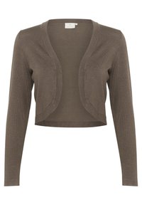 Hnědý zkrácený pletený cardigan s otevřeným předním dílem, dlouhými rukávy a zaoblenými okraji, vyrobený z jemné tkaniny.