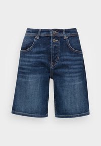 Ciemnoniebieskie szorty z denimu o prostym kroju, dwoma przednimi kieszeniami i zapięciem na guziki. Charakteryzują się widocznymi szwami i subtelnym wyblaknięciem.