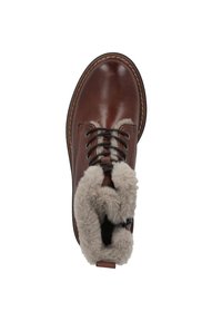Botas de cuero marrón con punta redondeada, cordones en la parte delantera y un suave collar de piel sintética para mayor calidez y comodidad.