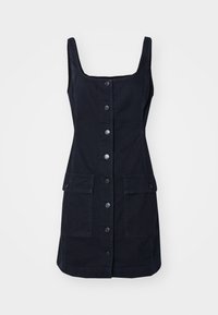 Robe en denim foncé avec un décolleté carré, fermeture à boutons sur le devant et deux grandes poches plaquées. Présente une silhouette ajustée avec une légère évasement.