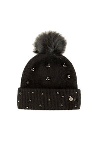 Cappello invernale nero lavorato a maglia con un grande pon-pon morbido e piccole perline lucide sparse come decorazione.