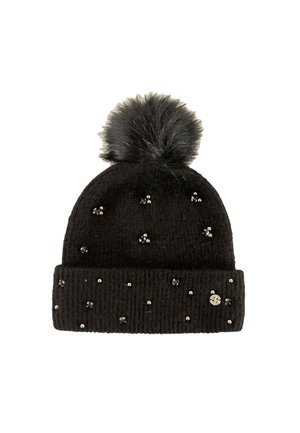 Cappello invernale nero lavorato a maglia con un grande pon-pon morbido e piccole perline lucide sparse come decorazione.