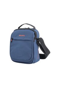 Borsa a spalla blu navy realizzata in tessuto resistente, con chiusura zip, tracolla regolabile e tasca frontale con branding arancione.